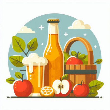 Bottle of beer, apples and basket. Flat vector illustration.のイラスト素材