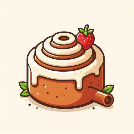 Cinnamon roll with strawberry and cinnamon stick. Vector illustration in cartoon style.のイラスト素材
