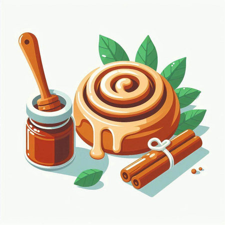 Cinnamon roll with honey and cinnamon sticks on white background. Vector illustration.のイラスト素材