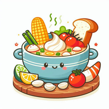 Cute cartoon bowl of soup with vegetables and fruits. Vector illustration.のイラスト素材