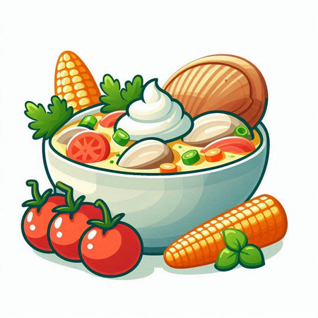 Illustration of a bowl of vegetable soup with fresh vegetables and creamのイラスト素材