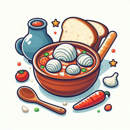 Illustration of a bowl of soup with dumplings and vegetablesのイラスト素材