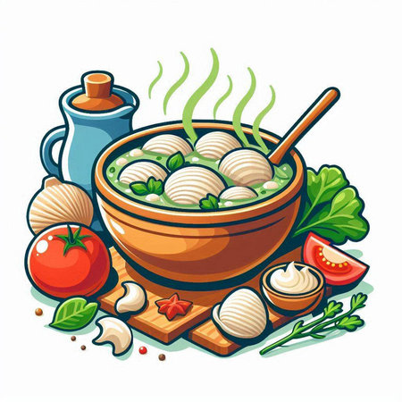 Bowl of soup with dumplings, tomatoes and herbs. Vector illustration.のイラスト素材
