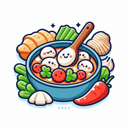 Illustration of a bowl of soup with fish and vegetables. Vector illustrationのイラスト素材