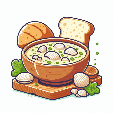 Illustration of a bowl of soup with dumplings and breadのイラスト素材
