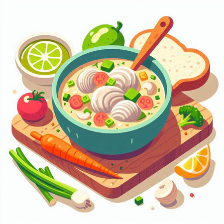 Cartoon vector illustration of soup with meatballs, vegetables and greens.のイラスト素材