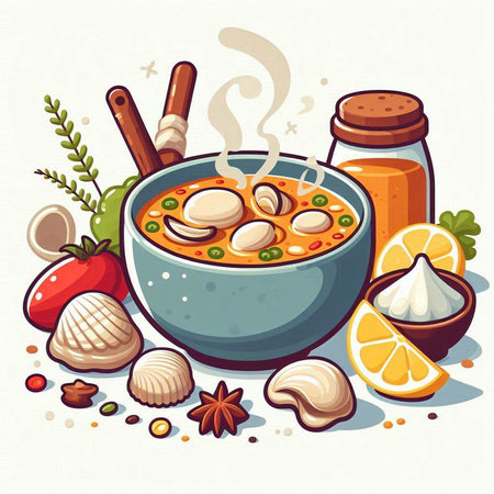 Seafood soup. Vector illustration of a bowl of soup.のイラスト素材