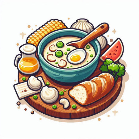 Bowl of soup with vegetables, cheese and eggs. Vector illustration.のイラスト素材