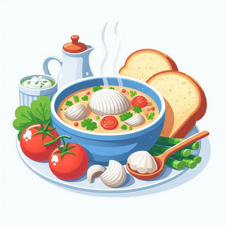 Vector illustration of a bowl of soup with mozzarella and tomatoesのイラスト素材