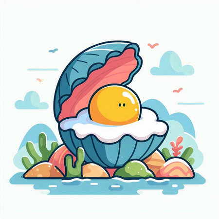 Vector illustration of a shell with a fried egg in the sea.のイラスト素材
