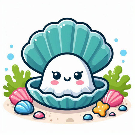 Illustration of a Cute Sea Shell Mascot Character.のイラスト素材