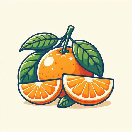 Orange fruit with leaves isolated on white background. Vector cartoon illustration.のイラスト素材