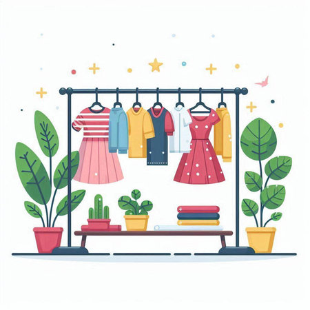 Clothes rack with different clothes and potted plants. Vector illustrationのイラスト素材