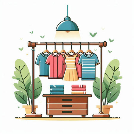 Clothes rack with clothes. Vector illustration in flat cartoon style.のイラスト素材