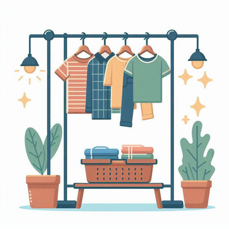 Clothes rack with different clothes. Vector illustration in flat style.のイラスト素材