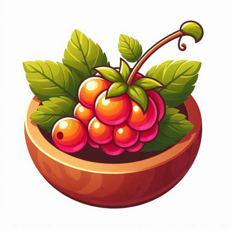 Illustration of a wooden bowl full of raspberries with leavesのイラスト素材