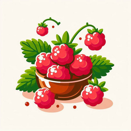 Raspberries in a bowl with leaves. Vector illustration of berry.のイラスト素材