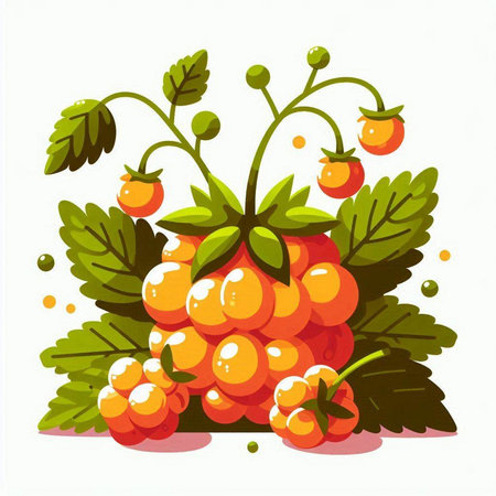 Raspberry berries with leaves on a white background. Vector illustration.のイラスト素材