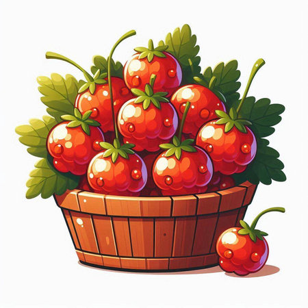 Strawberries in a basket on a white background. Vector illustration.のイラスト素材