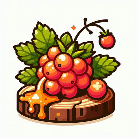 Vector illustration of a rowan berry with maple syrup on a piece of woodのイラスト素材