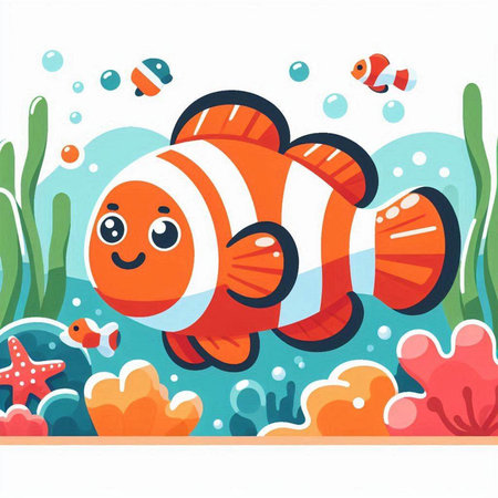 Cute cartoon clown fish swimming in the sea. Vector illustration.のイラスト素材