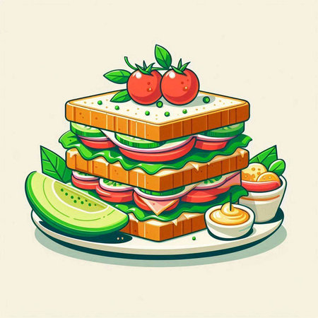 Vector illustration of a sandwich with ham, cheese, tomato, cucumber and basil.のイラスト素材