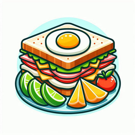 Sandwich with egg, tomato, cucumber and lettuce. Vector illustration.のイラスト素材