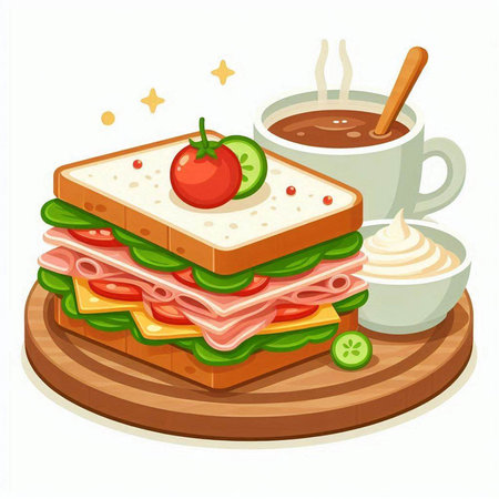 Sandwich with ham, cheese, tomato and mayonnaise. Vector illustration.のイラスト素材