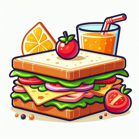 Sandwich with orange juice and fruits. Vector illustration in cartoon style.のイラスト素材
