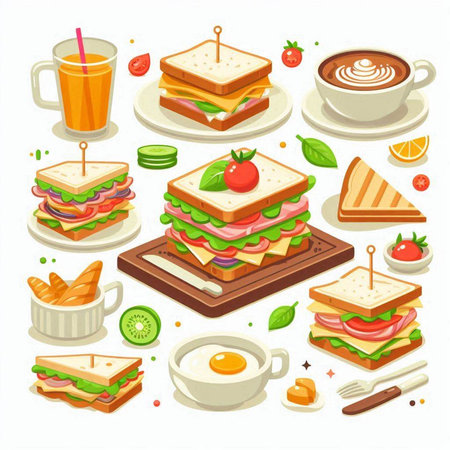 Set of vector icons with sandwiches, coffee, croissant, croissants, fruits and vegetables.のイラスト素材