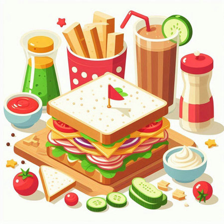Sandwich with vegetables and cheese. Vector illustration in cartoon style.のイラスト素材