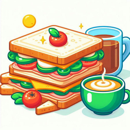 Illustration of a sandwich with cheese, tomato, cucumber and coffeeのイラスト素材