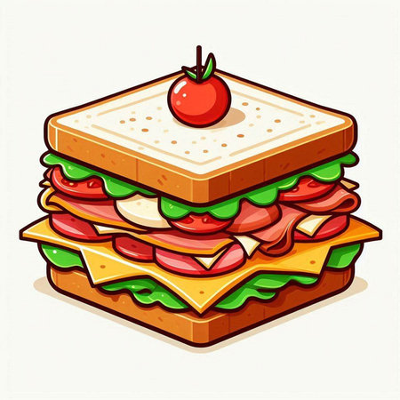 Sandwich with ham, cheese, tomato and lettuce. Vector illustration.のイラスト素材