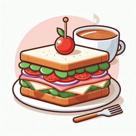 Sandwich with ham, cheese, tomato, lettuce and coffee. Vector illustration.のイラスト素材