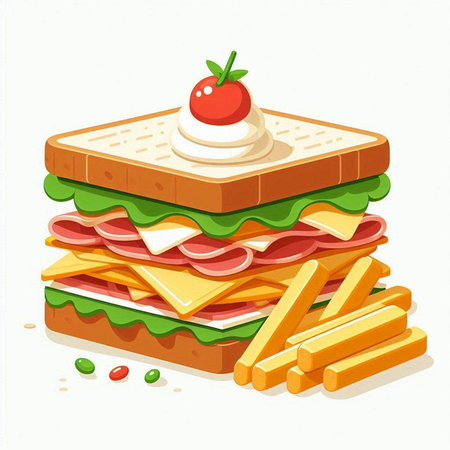 Sandwich with cheese, ham, tomato and lettuce. Vector illustration.のイラスト素材