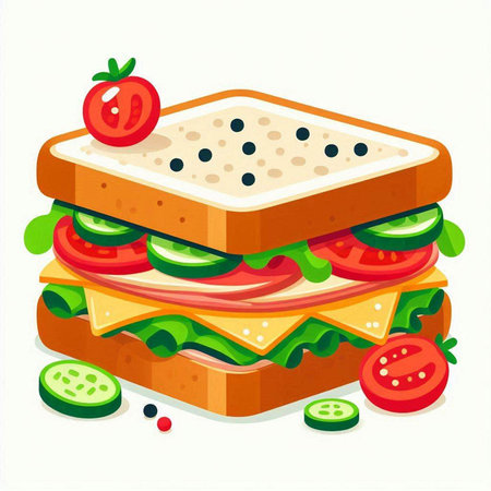 Sandwich with cheese, tomato and cucumber. Vector illustration.のイラスト素材
