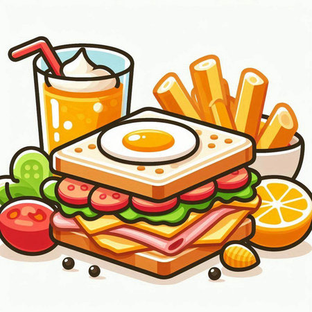 Sandwich with fried egg and french fries. Vector cartoon illustration.のイラスト素材
