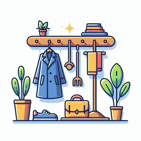 Clothes rack with different clothes and accessories, flat vector illustration.のイラスト素材