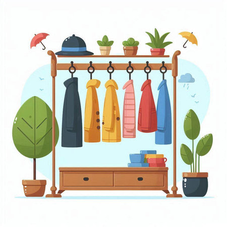 Clothes rack with different clothes and accessories. Vector illustration in flat styleのイラスト素材