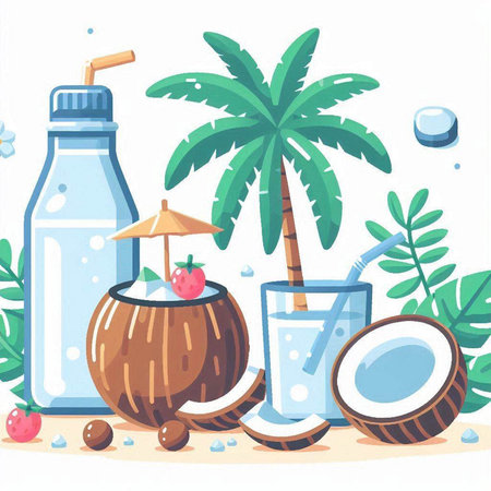 Coconut water in a bottle, palm tree, coconut cocktail and ice cubes. Flat vector illustration.のイラスト素材