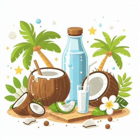 Coconut milk in a bottle and coconuts on a wooden boardのイラスト素材