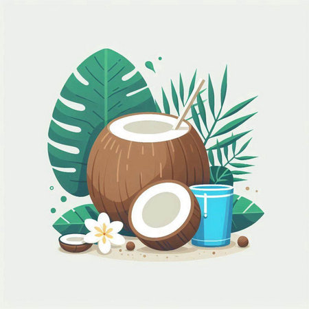 Coconut drink with tropical leaves. Vector illustration of fresh coconuts.のイラスト素材