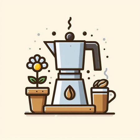 Coffee maker and pot with flowers. Vector illustration in linear styleのイラスト素材