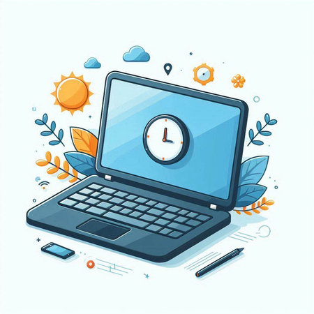 Vector illustration of laptop with clock on screen. Time management concept.のイラスト素材