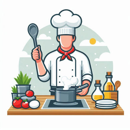 Chef cooking food in the kitchen. Vector illustration in cartoon styleのイラスト素材