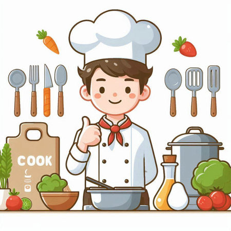 Illustration of a Cute Cartoon Chef Boy Showing Thumbs Upのイラスト素材