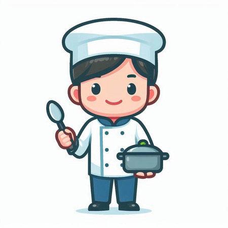 Chef boy holding a pot and ladle. Vector illustration.のイラスト素材