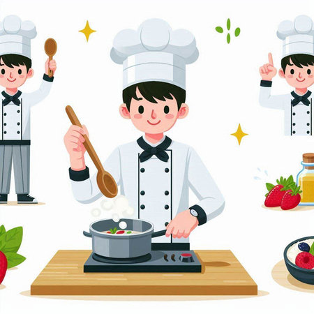 Chef cooking with spoon and ladle in kitchen vector illustration.のイラスト素材