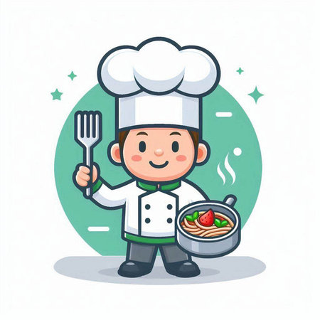 Chef boy with food cartoon vector illustration. Cute cartoon chef boy character design.のイラスト素材
