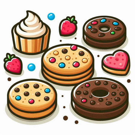 Vector illustration of a set of chocolate cookies with different toppings.のイラスト素材